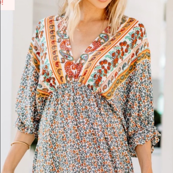 💼S Last One 🏜Sunset Boho Tile Flower Dress New - Picture 4 of 12